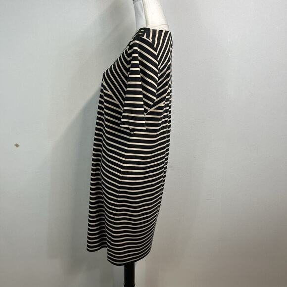 Karen Scott Sport Dress size Medium Black Khaki Striped Stretch Jersey Knee Slim - Picture 6 of 8